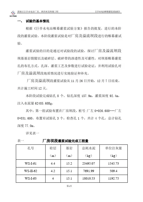 巨亭水电站大坝基础帷幕灌浆试验报告