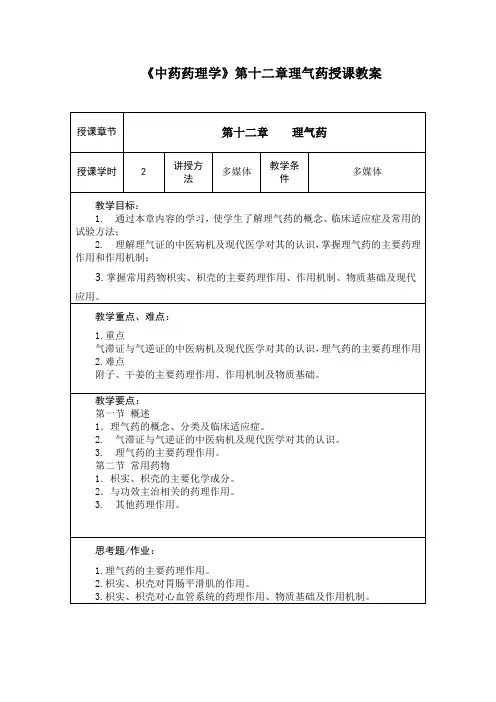 《中药药理学》第十二章理气药授课教案