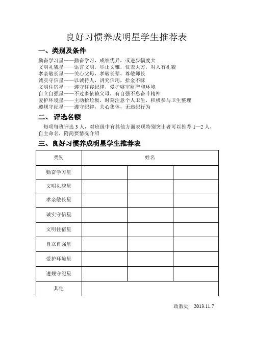 良好习惯养成明星学生推荐表