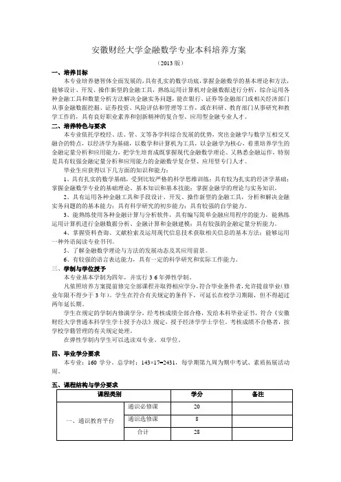 安徽财经大学金融数学专业本科培养方案