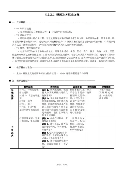 高中数学选修2-1 2.2.1椭圆及其标准方程公开课教学设计