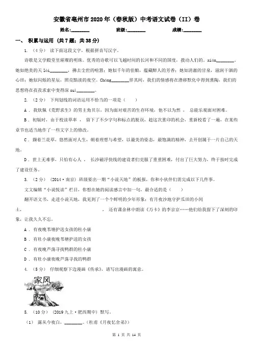 安徽省亳州市2020年(春秋版)中考语文试卷(II)卷
