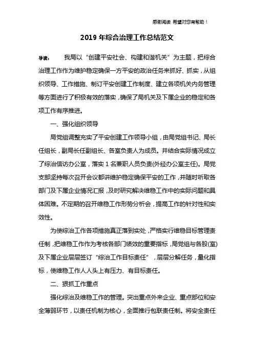 2019年综合治理工作总结范文