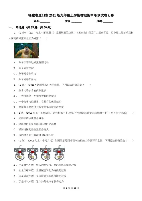 福建省厦门市2021版九年级上学期物理期中考试试卷A卷