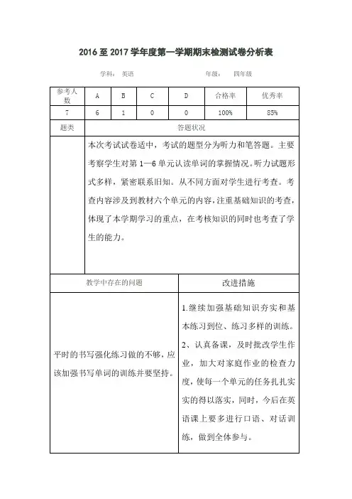 2016-2017第一学期期末四年级英语试题评价表格