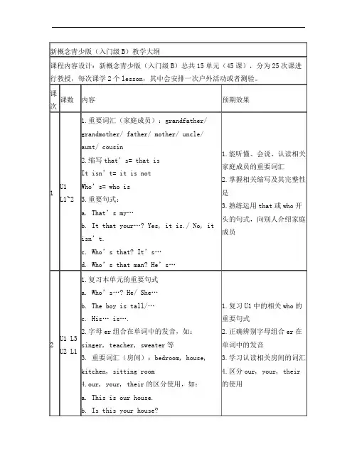 新概念青少版(入门级B)教学大纲