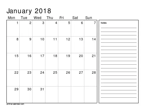 2018 monthly calendar