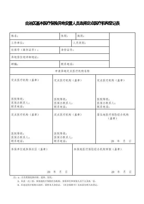 自治区基本医疗保险异地安置人员选择定点医疗机构登记表