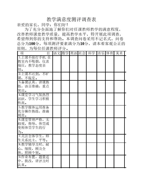 教学满意度测评调查表
