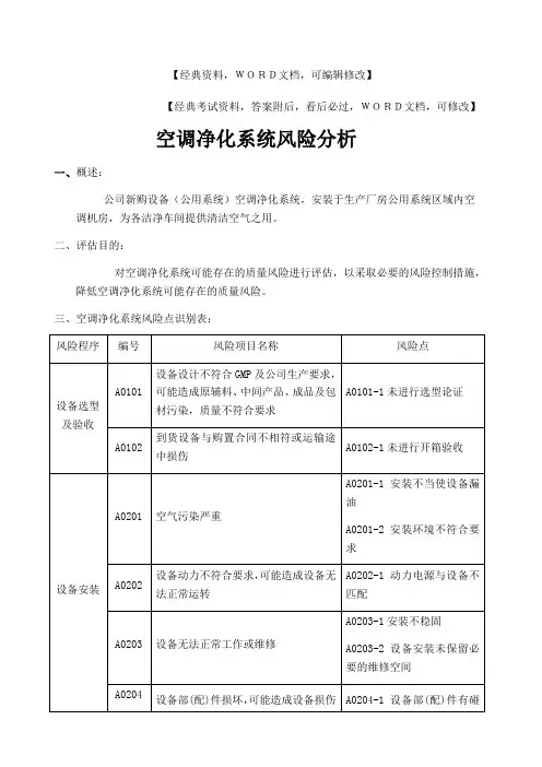 XX公司设备风险评估空调净化系统风险分析资料