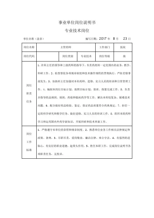 主管药师 岗位说明书