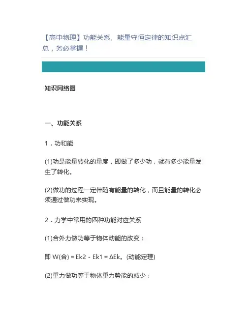 【高中物理】功能关系、能量守恒定律的知识点汇总,务必掌握