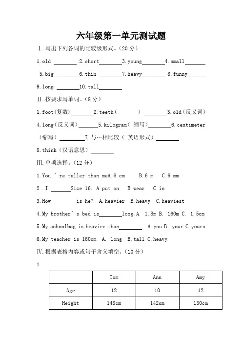人教PEP版英语六年级下册Unit 1《How Tall Are You》单元试卷及答案
