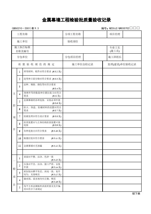 金属幕墙工程检验批质量验收记录