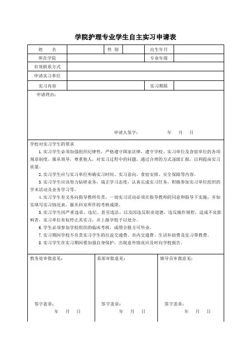 学院护理专业学生自主实习申请表