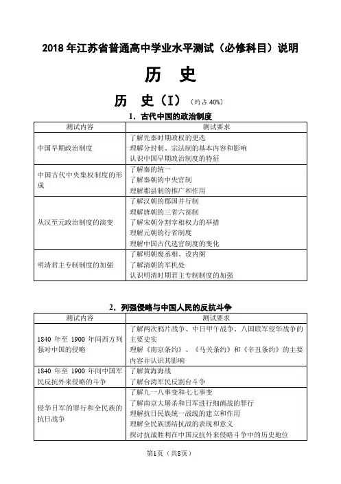2018年江苏省普通高中学业水平测试(必修科目)说明历史