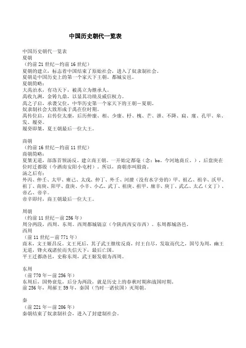 中国历史朝代一览表