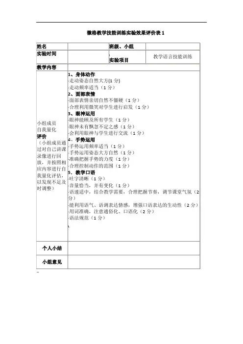微格教学技能训练实验效果评价表