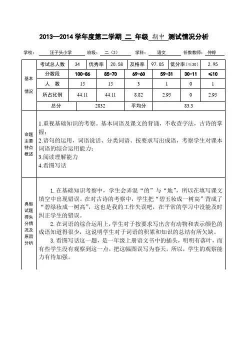 苏教版二年级语文下学期期中试卷分析表