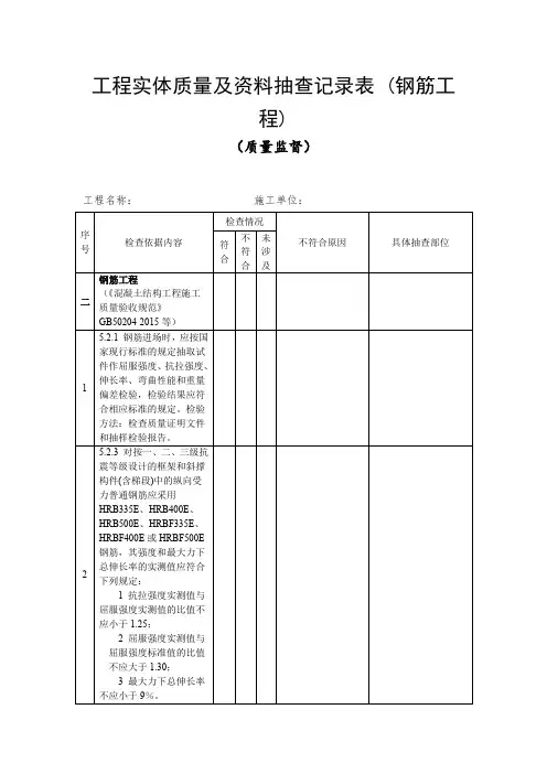 工程实体质量及资料抽查记录表 (钢筋工程)