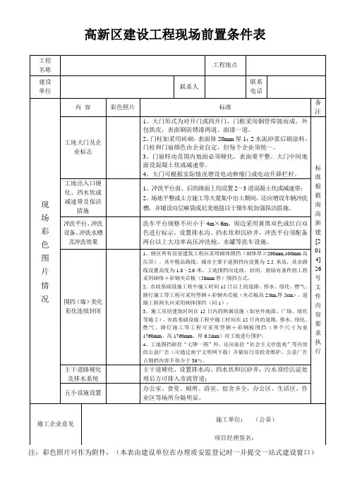 高新区建设工程工地现场前置条件表