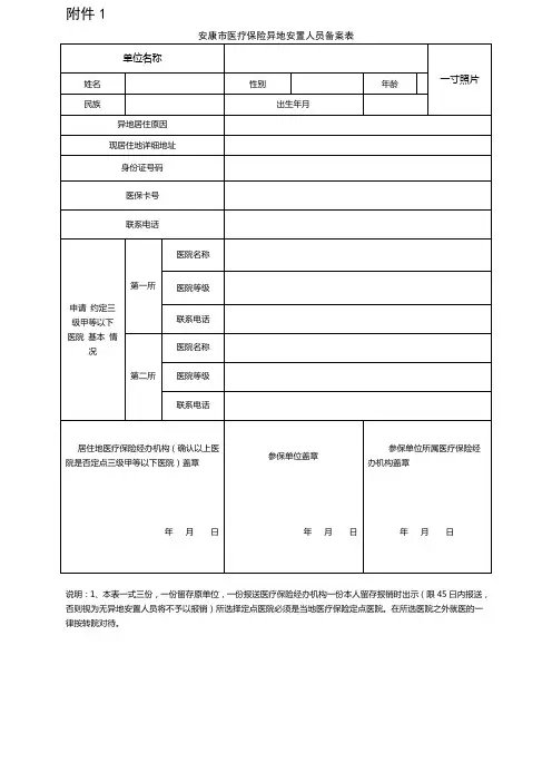 安康市医疗保险异地安置人员备案表-附件1