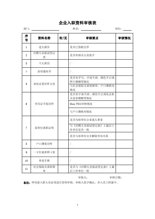 企业入职资料审核表