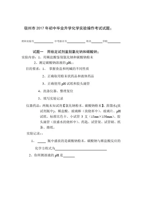 宿州市2017年理化实验操作考试化学试题