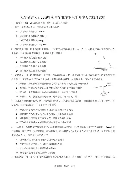 辽宁省沈阳市2019年初中毕业学业水平升学考试物理试题