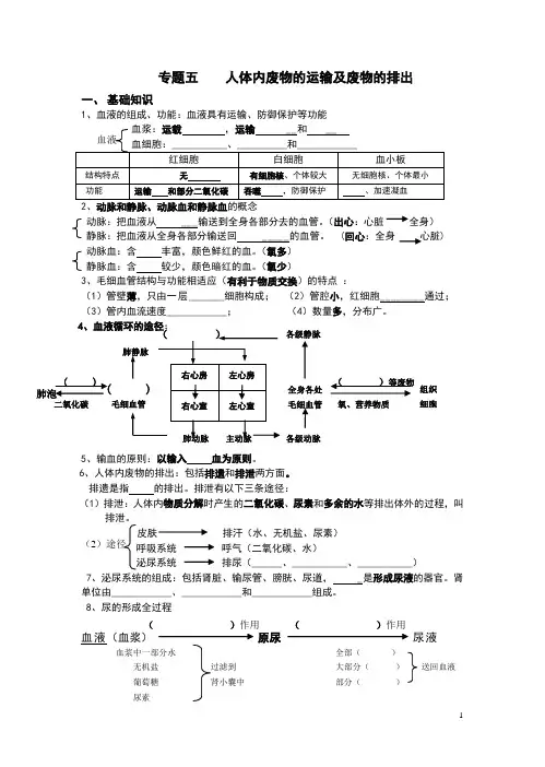 七年级生物《专题五    人体内废物的运输及废物的排出》练习
