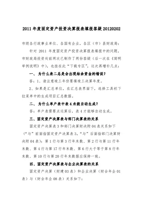 2011年度固定资产投资决算报表填报答疑20120202