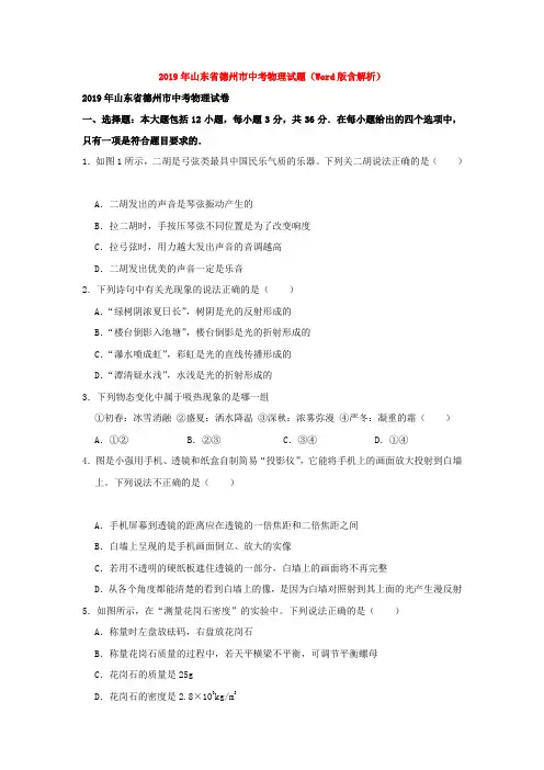 中考2019年山东省德州市中考物理试题(Word版含解析)