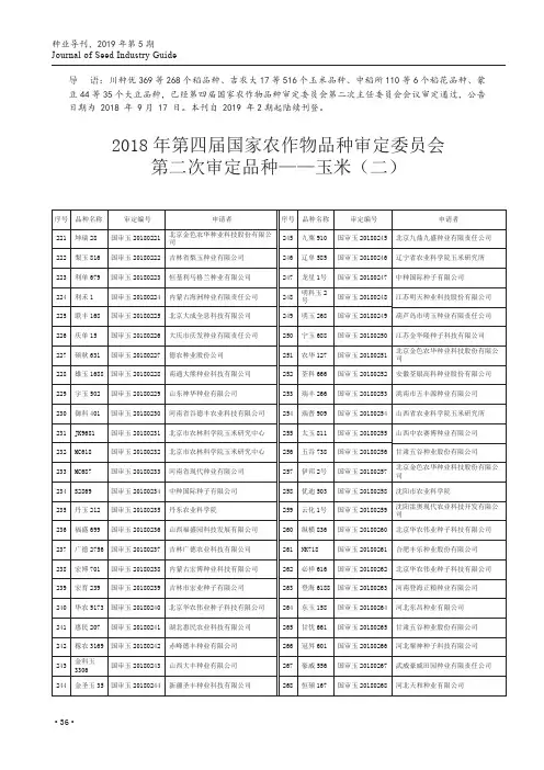 2018年第四届国家农作物品种审定委员会第二次审定品种——玉米(二)