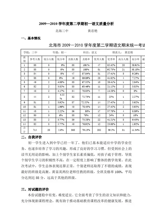 2009—2010学年度第二学期初一语文质量分析