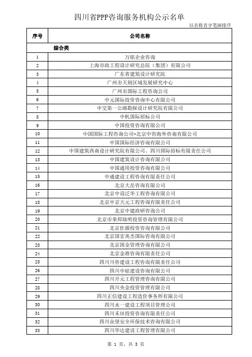 四川省PPP咨询服务机构公示名单