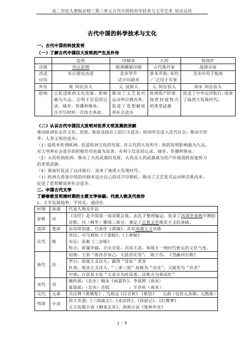 高二历史人教版必修三第三单元古代中国的科学技术与文学艺术 知识总结
