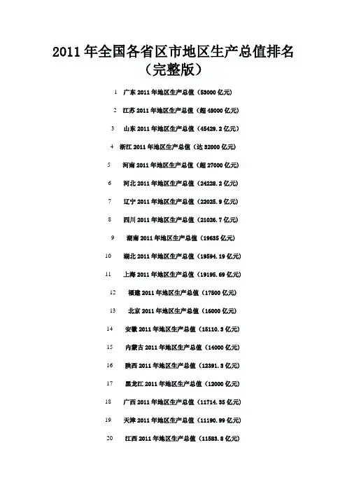2011年全国各省区市地区生产总值排名