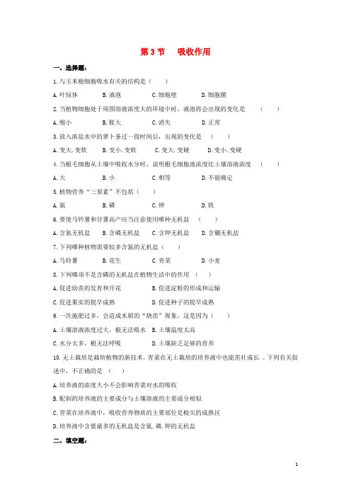 七年级生物上册 5.3 吸收作用同步练习 北师大版