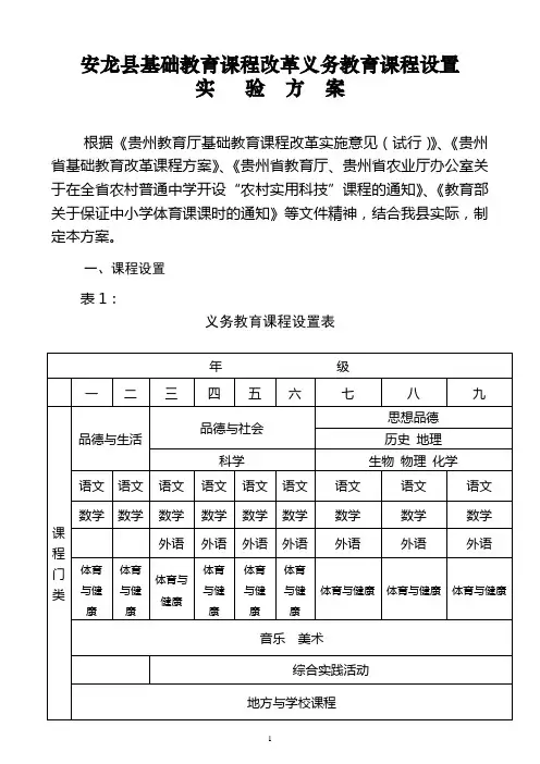 关于印发《安龙县基础教育课程改革义务教育课程设置