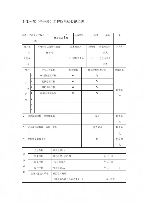 《主体分部(子分部)工程质量验收记录表(填写范例)》