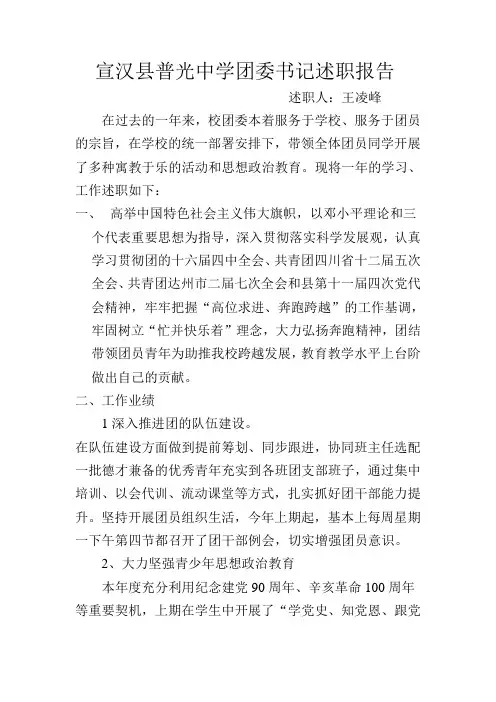 宣汉县普光中学团委书记述职报告