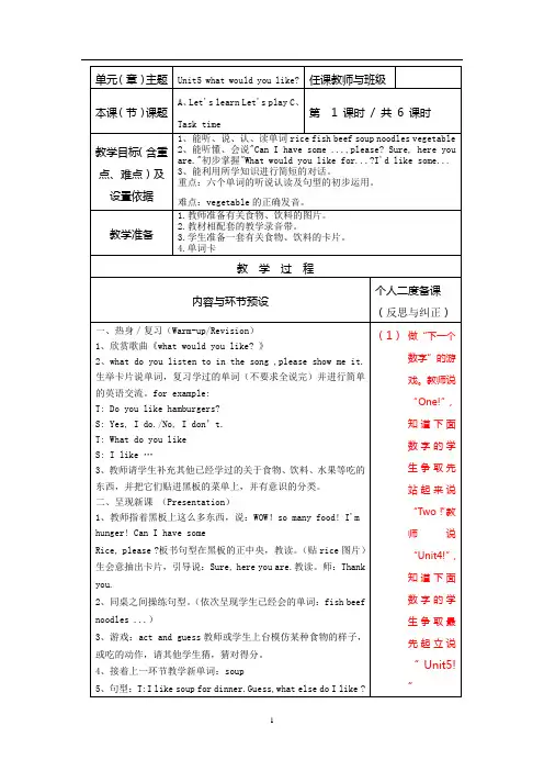 Unit5 what would you like教案及教学反思