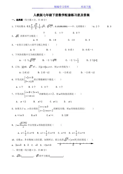 人教版七年级下册数学配套练习册及答案