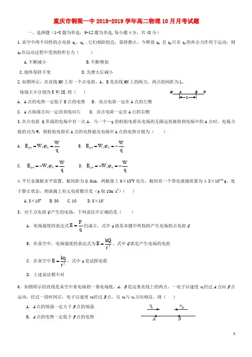 (经典1)2019-2020学年高二物理10月月考试题