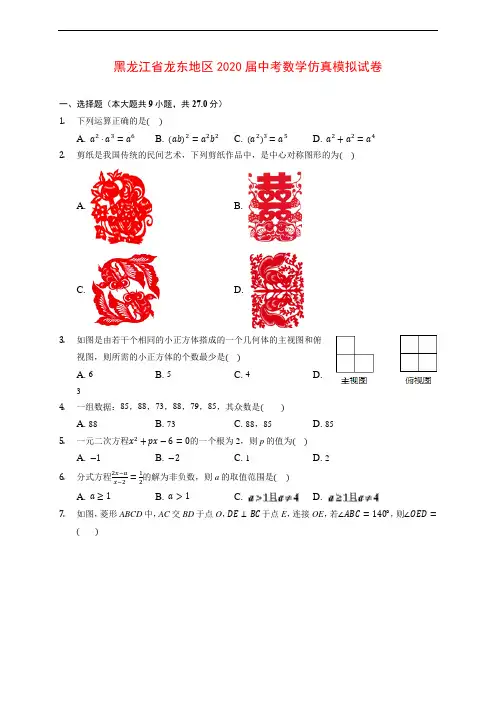 黑龙江省龙东地区2020届中考数学仿真模拟试卷(含解析)