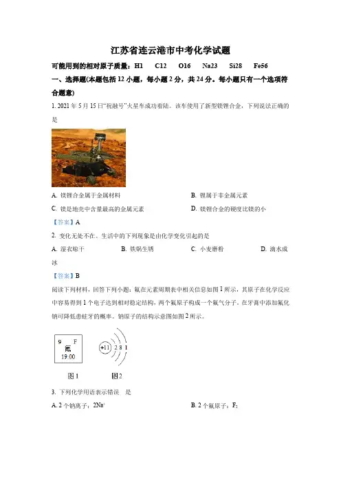 江苏省连云港市中考化学试题(含答案)