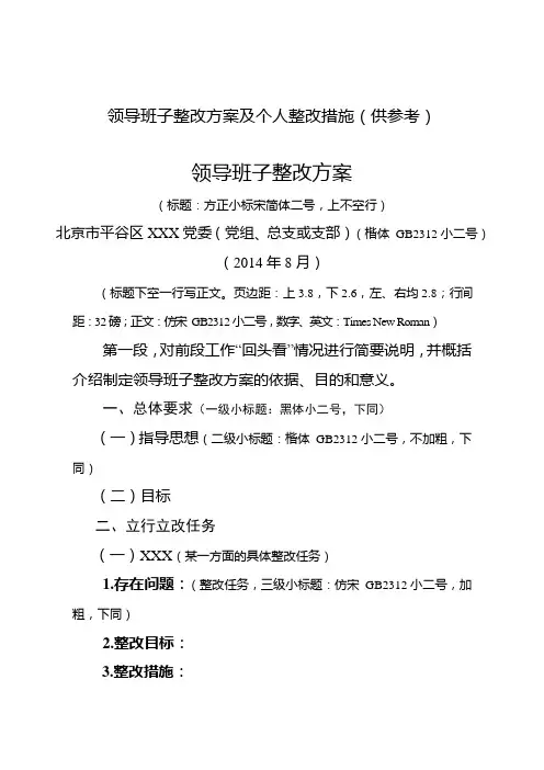 领导班子整改方案及个人整改措施