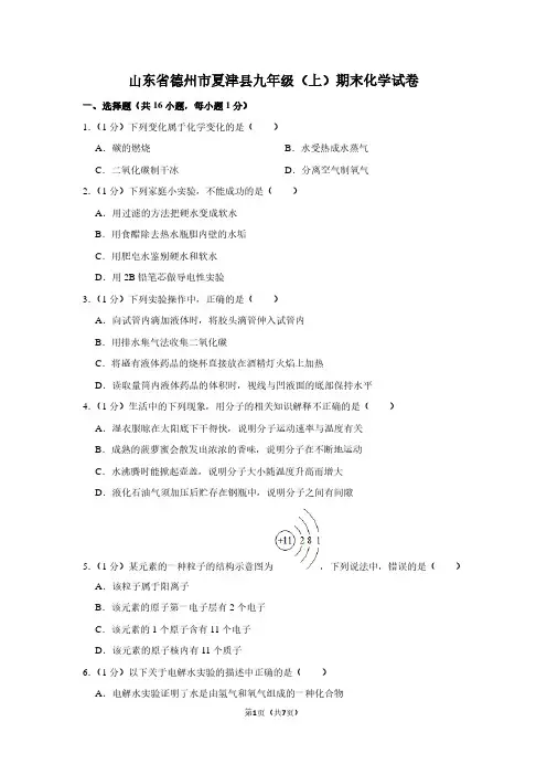 山东省德州市夏津县九年级(上)期末化学试卷