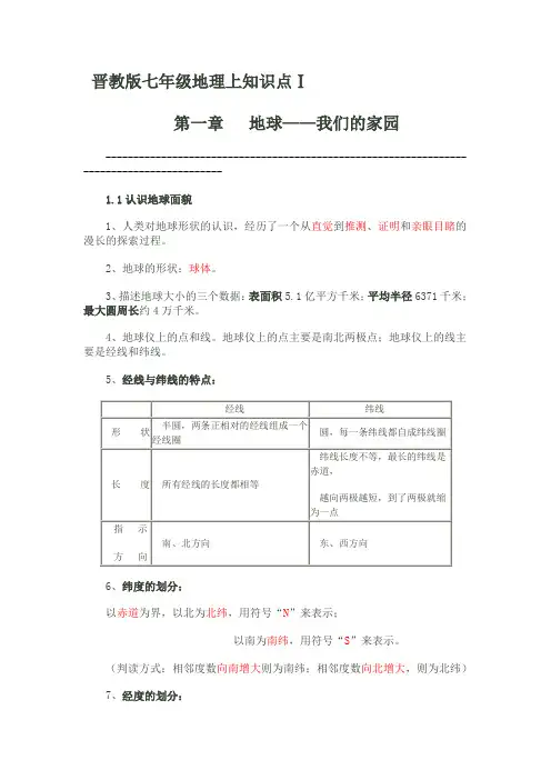 晋教版七年级地理上知识点