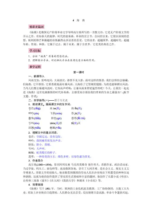 2019年秋人教部编版九年级语文下册教案：4  海燕